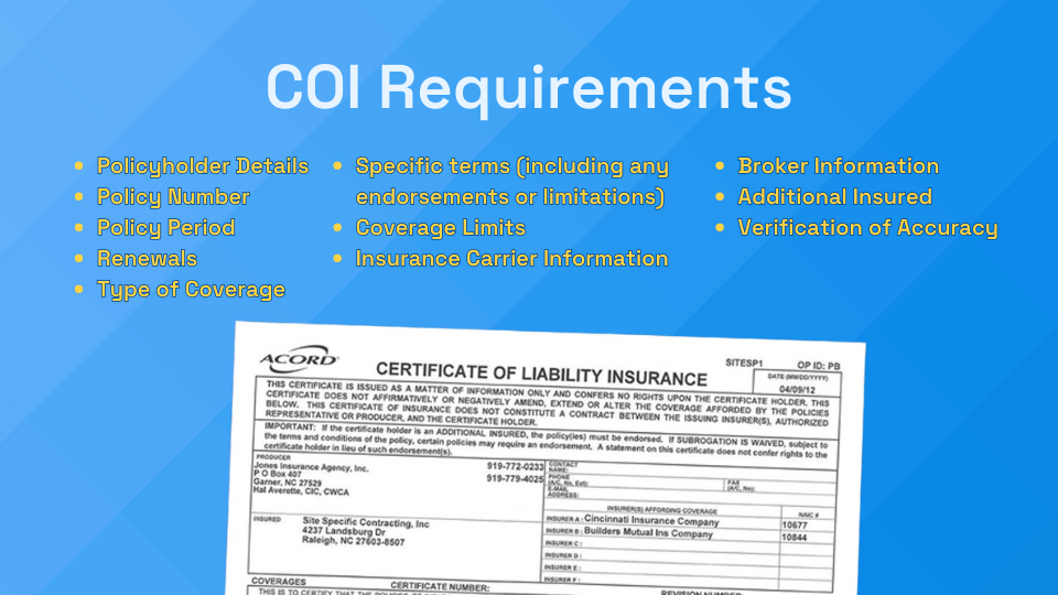 COI requirements for subcontractors 