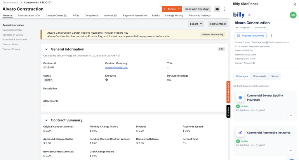 Pro Core Document Control Procore Side Panel for Construction Compliance Management