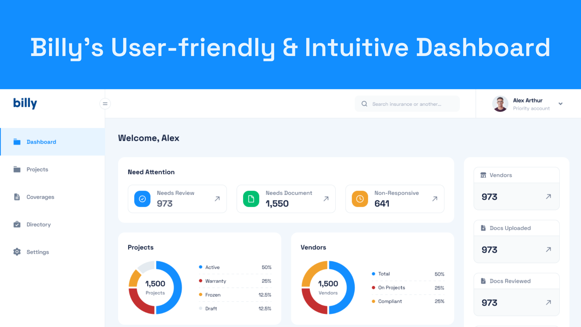 Billy's intuitive dashboard for seamless coi tracking and management.