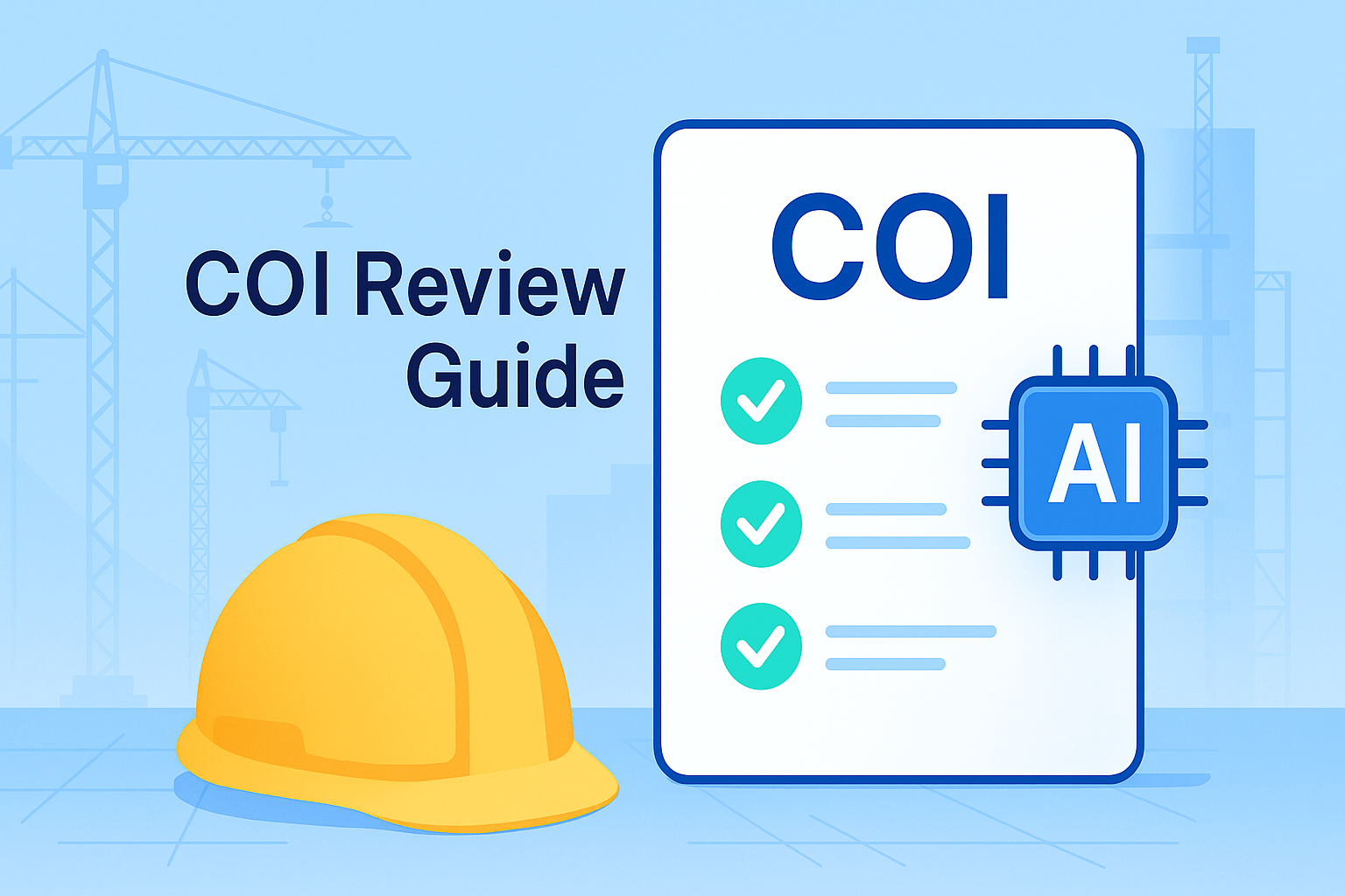 Illustration of a COI Review Guide with a construction crane, hard hat, checklist, and AI icon in Billy’s blue color style.