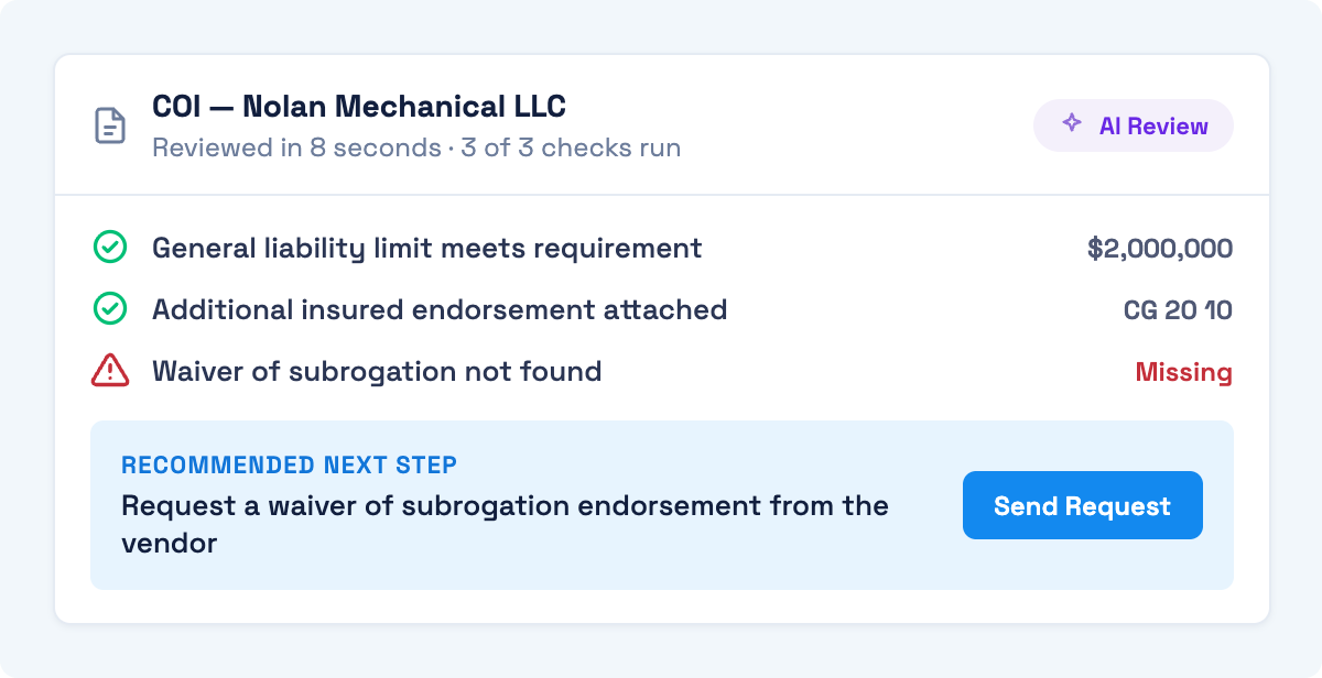 Billy AI Review checking a subcontractor certificate of insurance: general liability limit and CG 20 10 additional insured endorsement pass, waiver of subrogation flagged as missing, with a one click request to the vendor