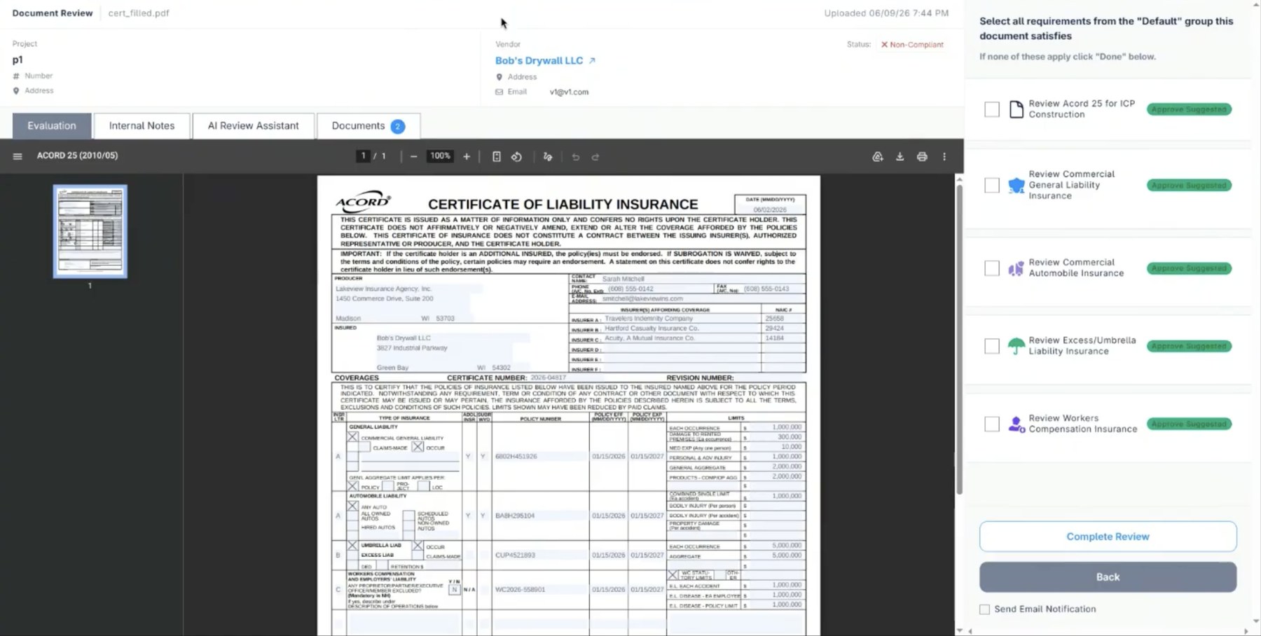 Billy document review screen showing an uploaded ACORD 25 certificate for a subcontractor marked non-compliant, with the AI Review Assistant tab and a checklist of project requirements the document satisfies