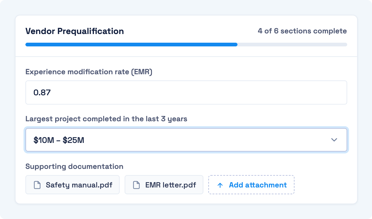 Billy vendor prequalification form showing progress through six sections, an experience modification rate field, largest completed project range, and uploaded safety manual and EMR letter attachments
