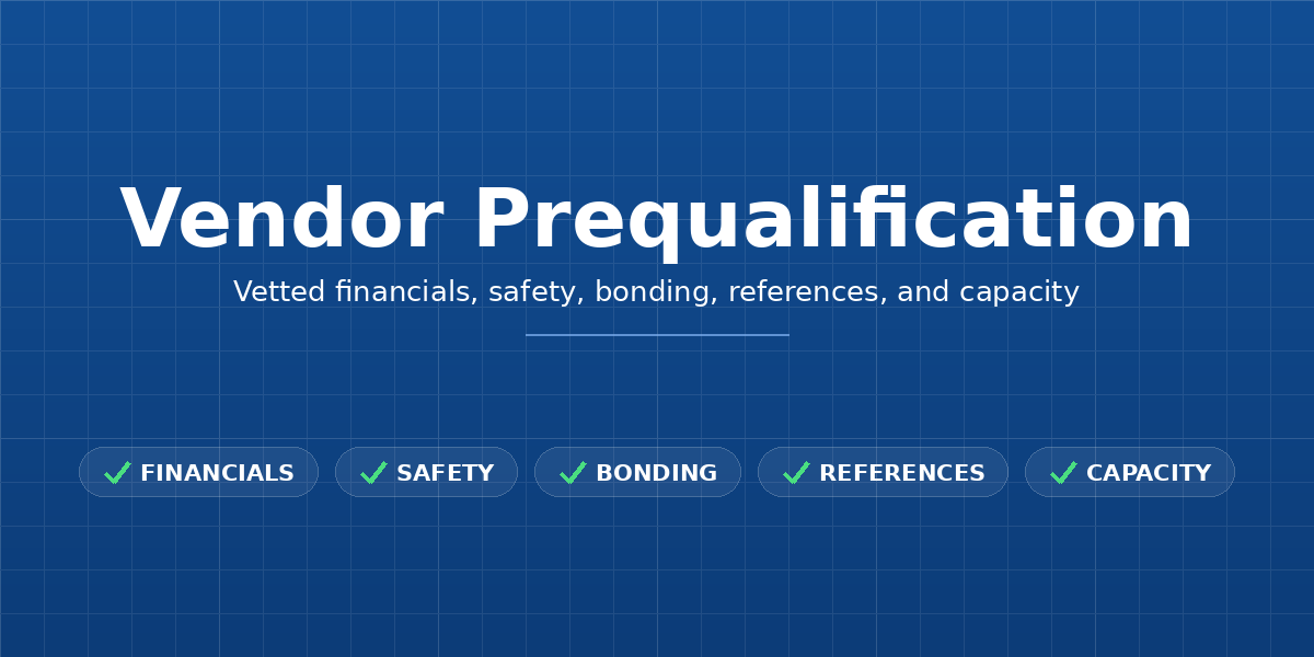 Billy vendor prequalification banner listing the areas a subcontractor is vetted on: financials, safety, bonding, references, and capacity