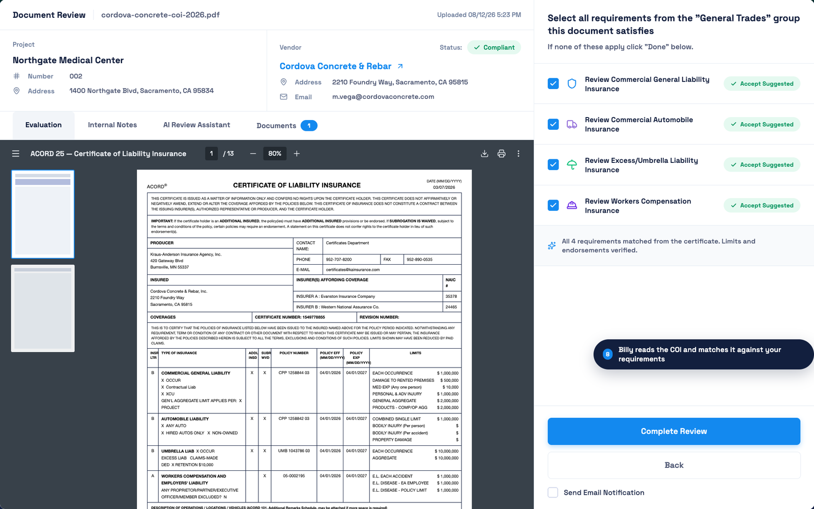 Billy document review matching an ACORD 25 certificate against four insurance requirements with accept suggested buttons