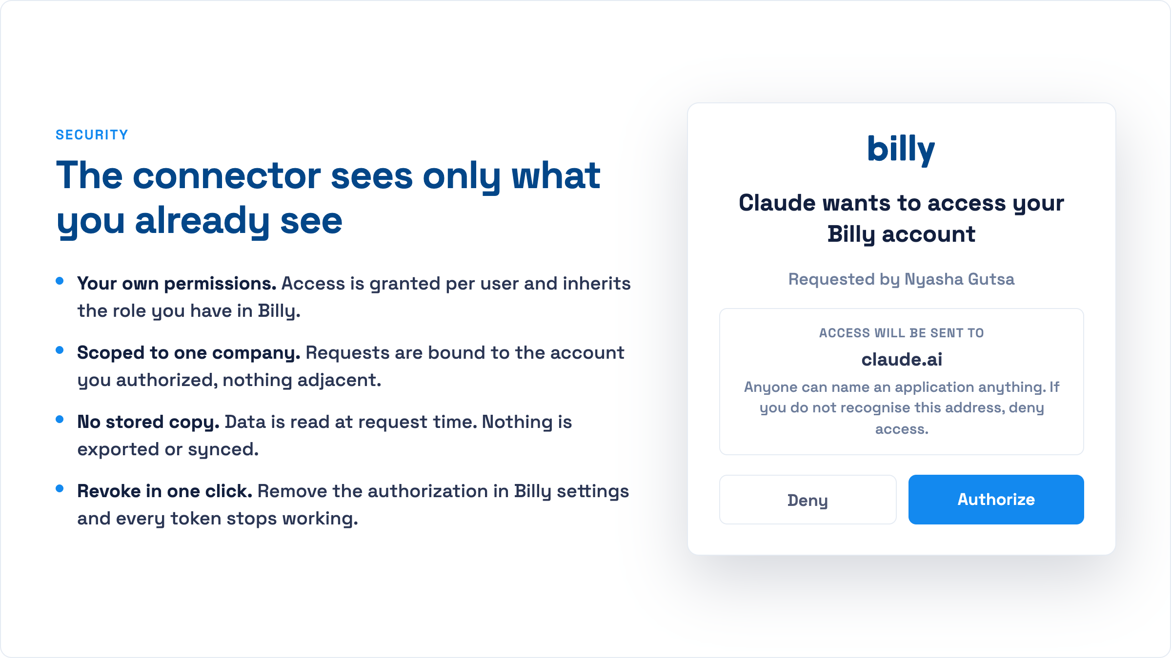 Billy OAuth consent screen showing Claude requesting access to a Billy account, with Deny and Authorize buttons