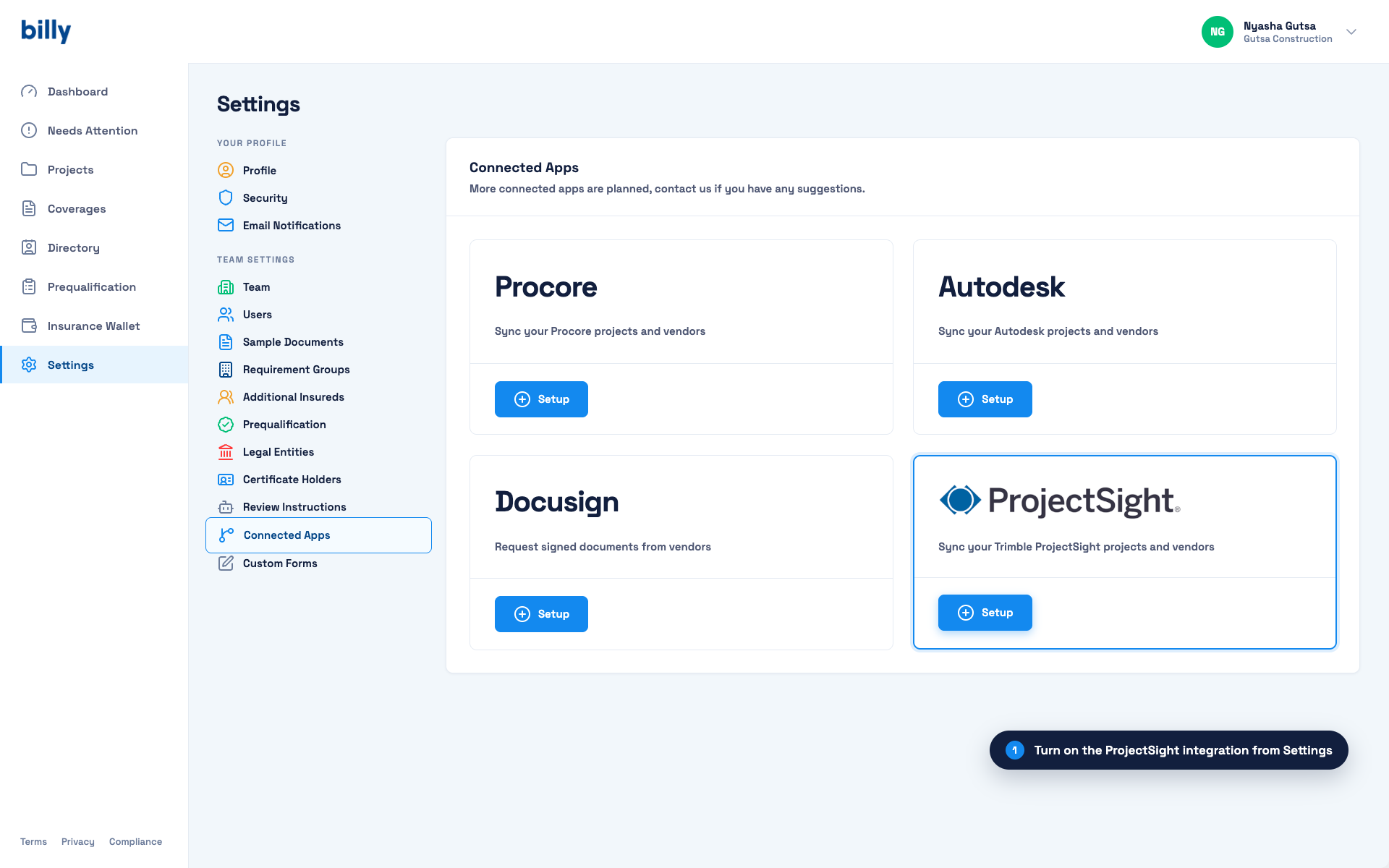 Billy Settings Connected Apps screen with Setup buttons for Procore, Autodesk, Docusign and Trimble ProjectSight