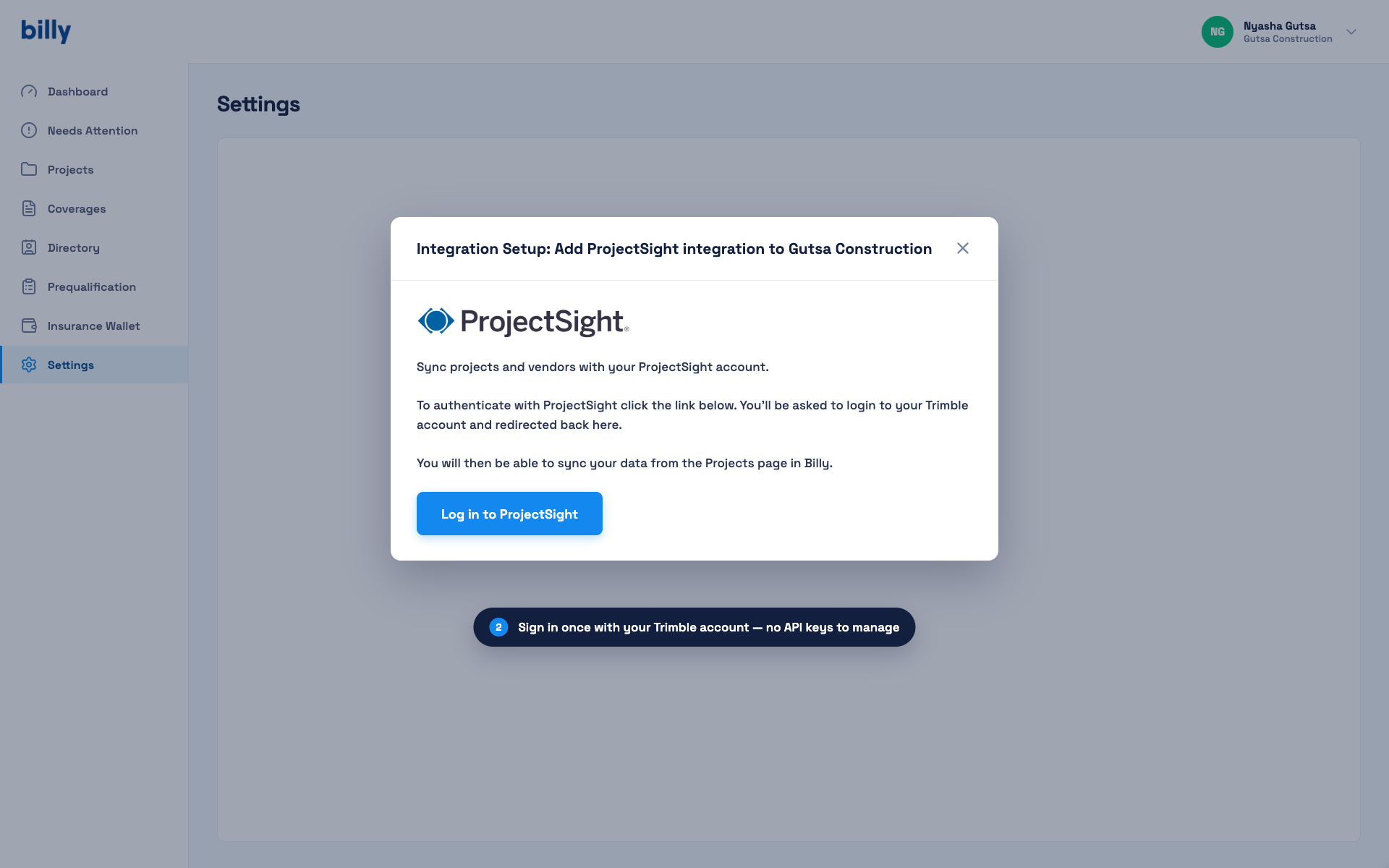 Billy integration setup dialog prompting the user to log in to ProjectSight with their Trimble account