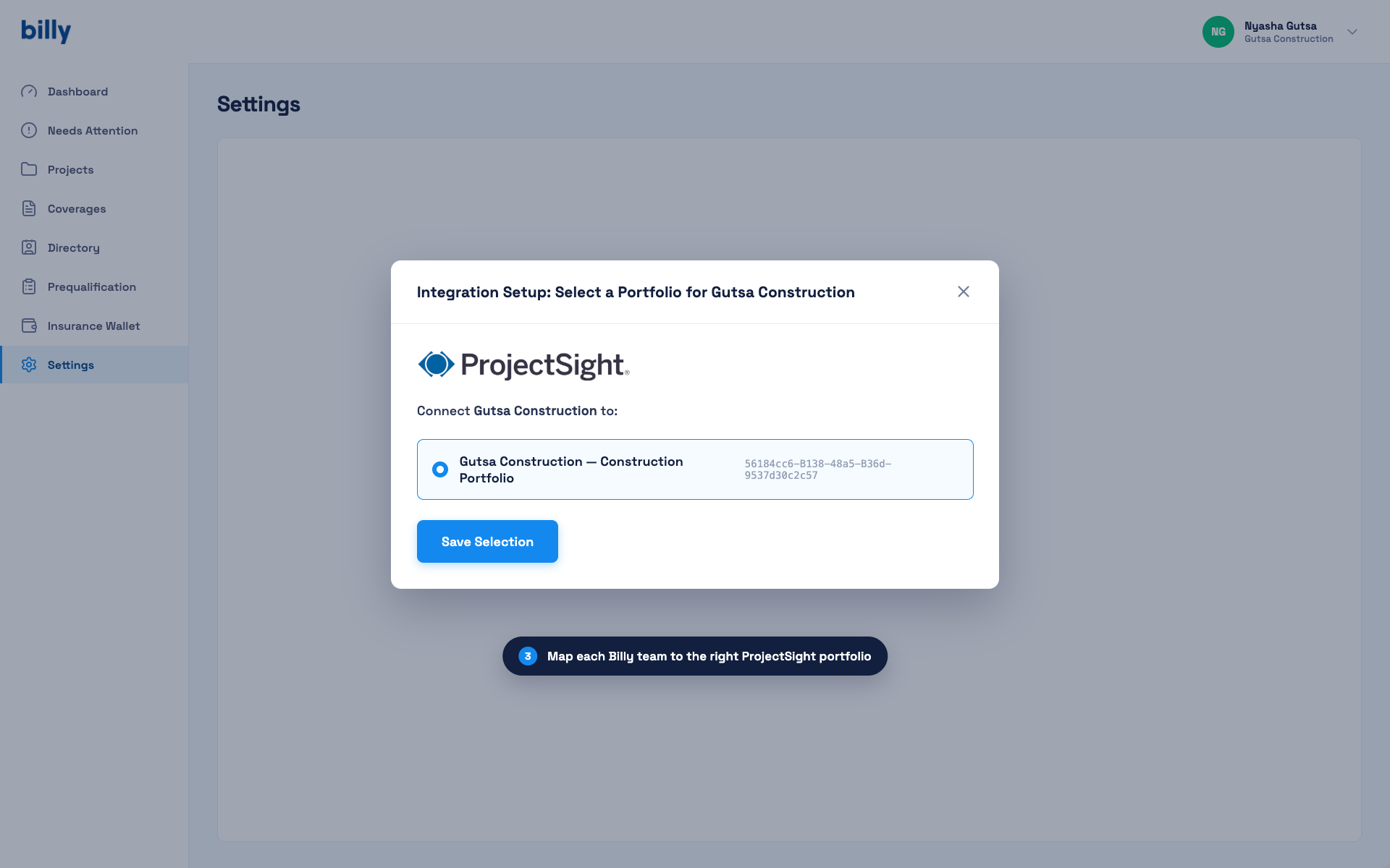 Billy integration setup dialog for selecting a ProjectSight portfolio to connect to a Billy team