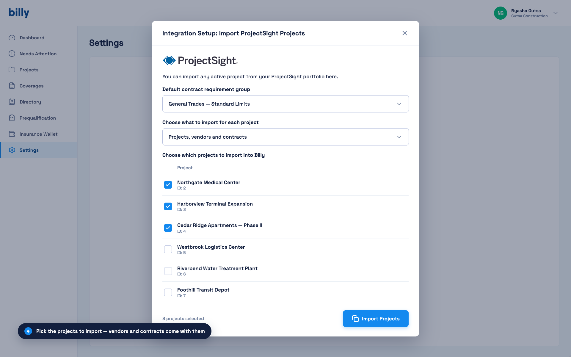 Billy import ProjectSight projects dialog with default requirement group selector, import scope set to projects vendors and contracts, and a checklist of active ProjectSight projects
