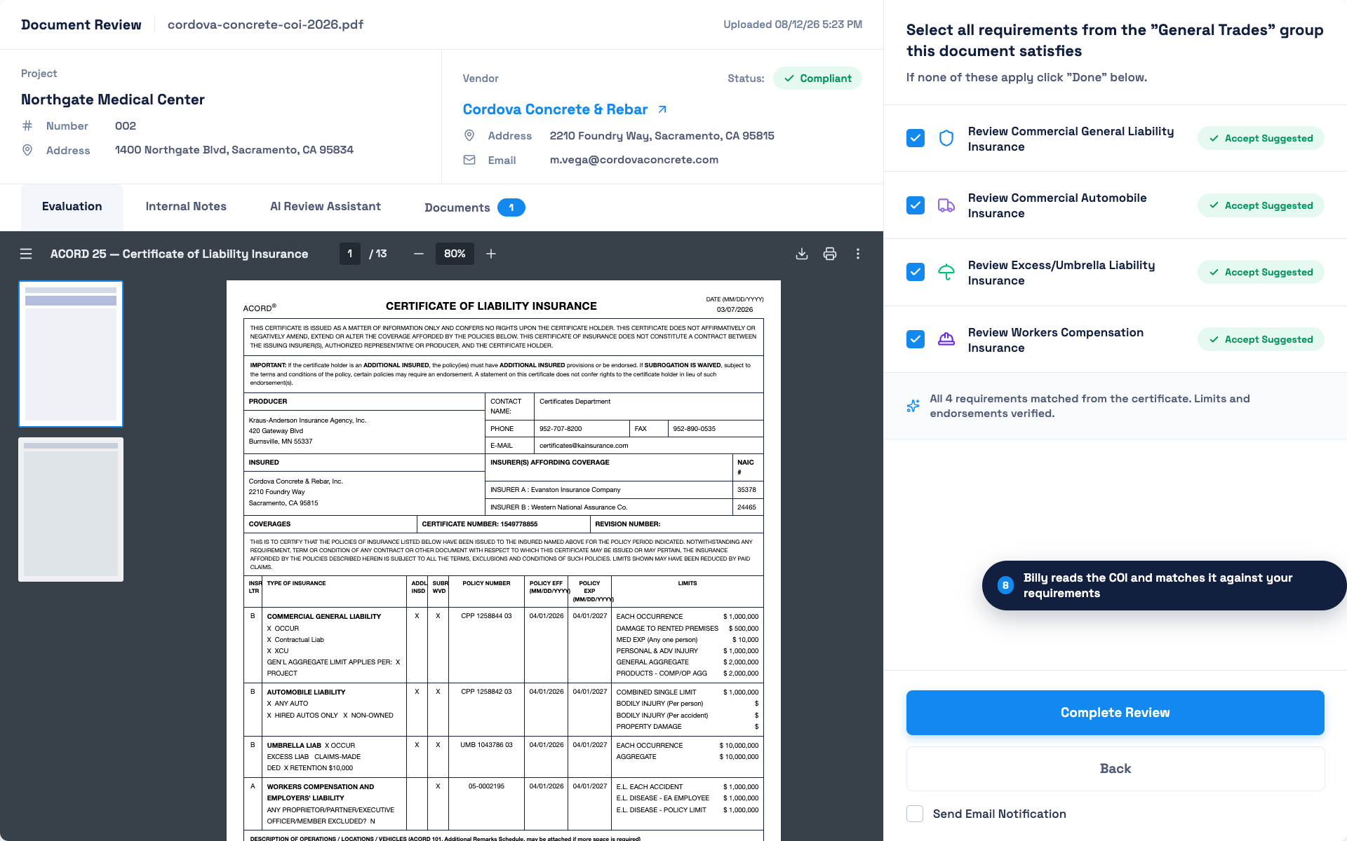 Billy document review screen reading an ACORD 25 certificate of insurance and matching general liability, auto, umbrella and workers compensation against the contract requirement group