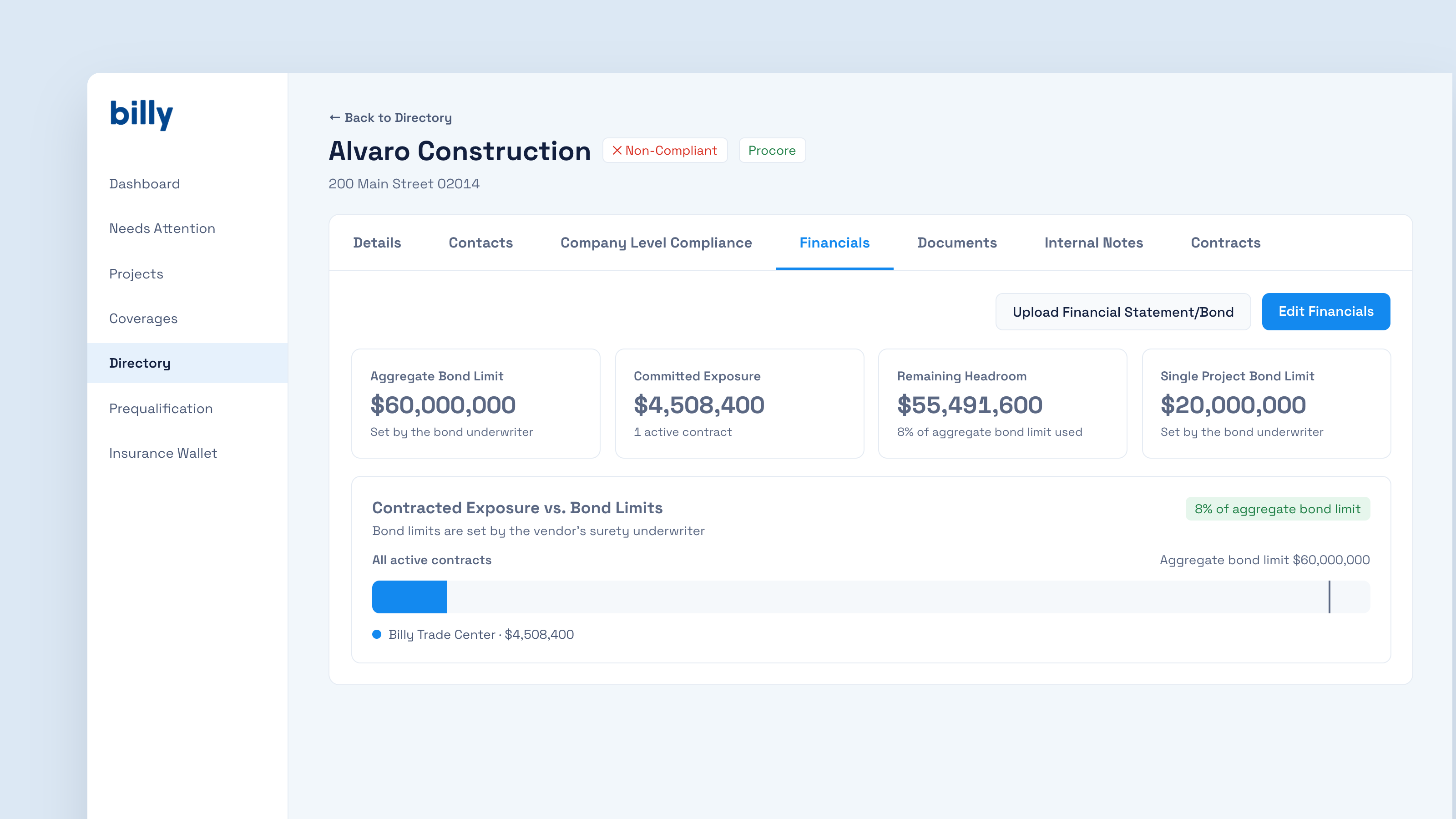 Billy vendor profile open to the Financials tab, showing aggregate bond limit, committed exposure, remaining headroom, and single project bond limit