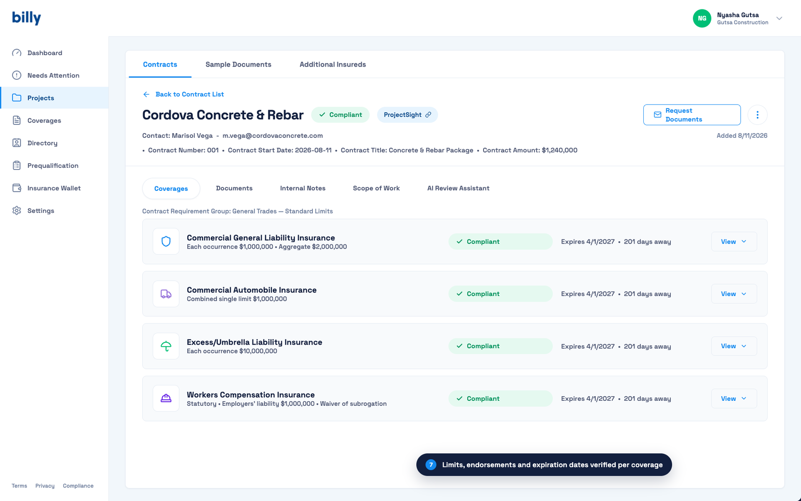 Billy coverages tab showing general liability, auto, umbrella and workers compensation as compliant with expiration dates