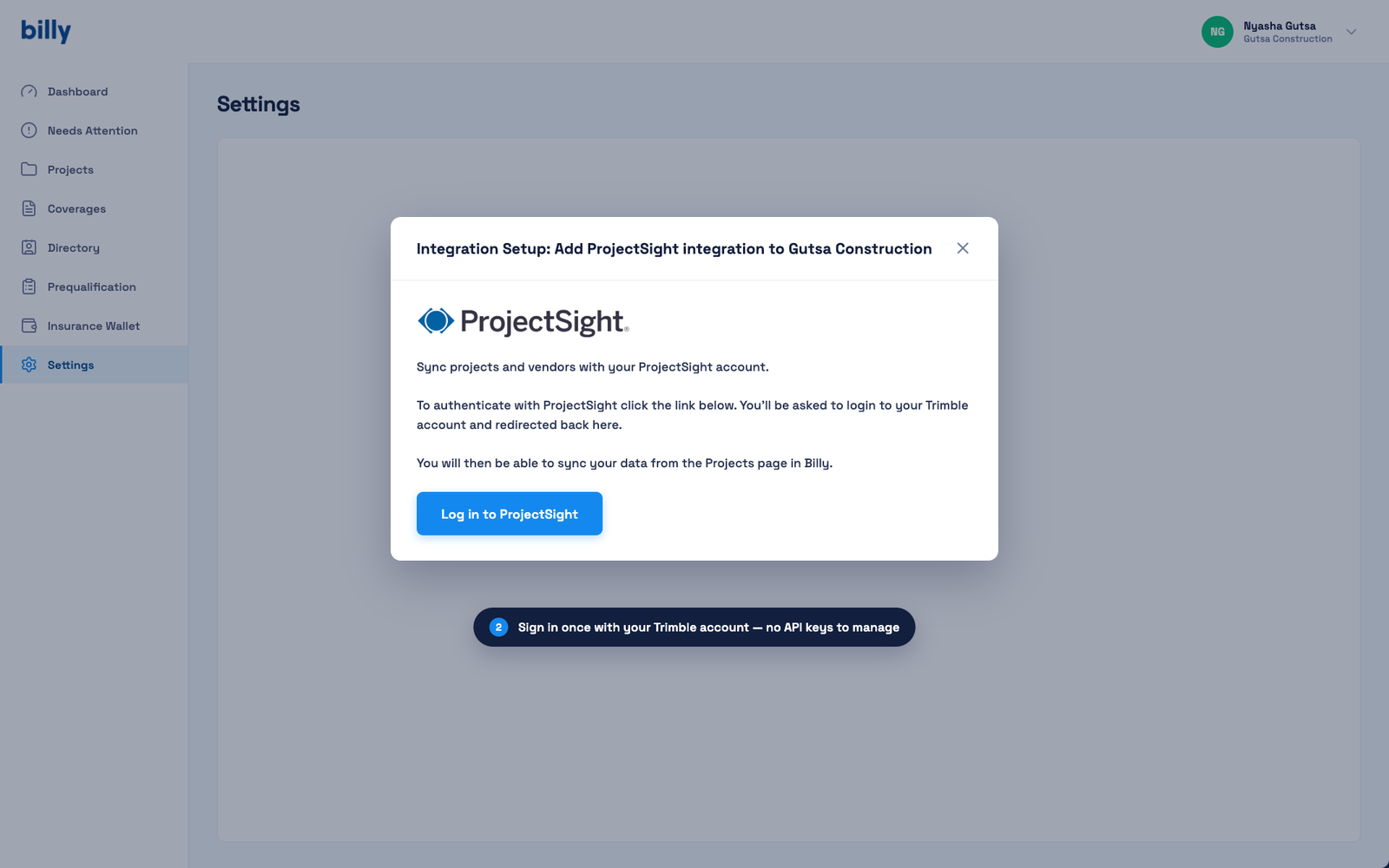 Billy integration setup screen with a Log in to ProjectSight button for Trimble account authentication