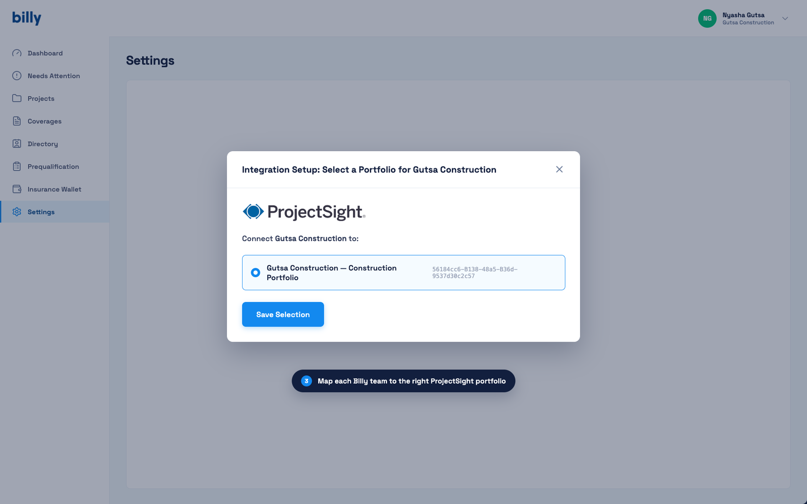 Billy screen for selecting which ProjectSight portfolio to connect to a Billy team