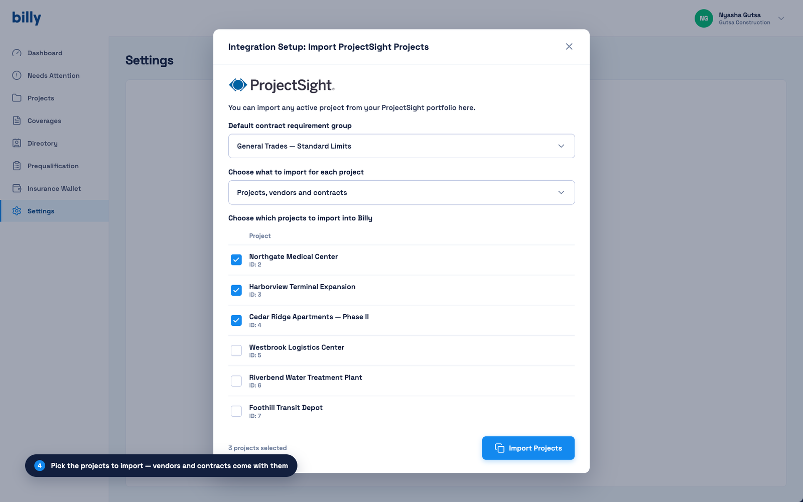 Billy import dialog listing active ProjectSight projects with a default requirement group selected
