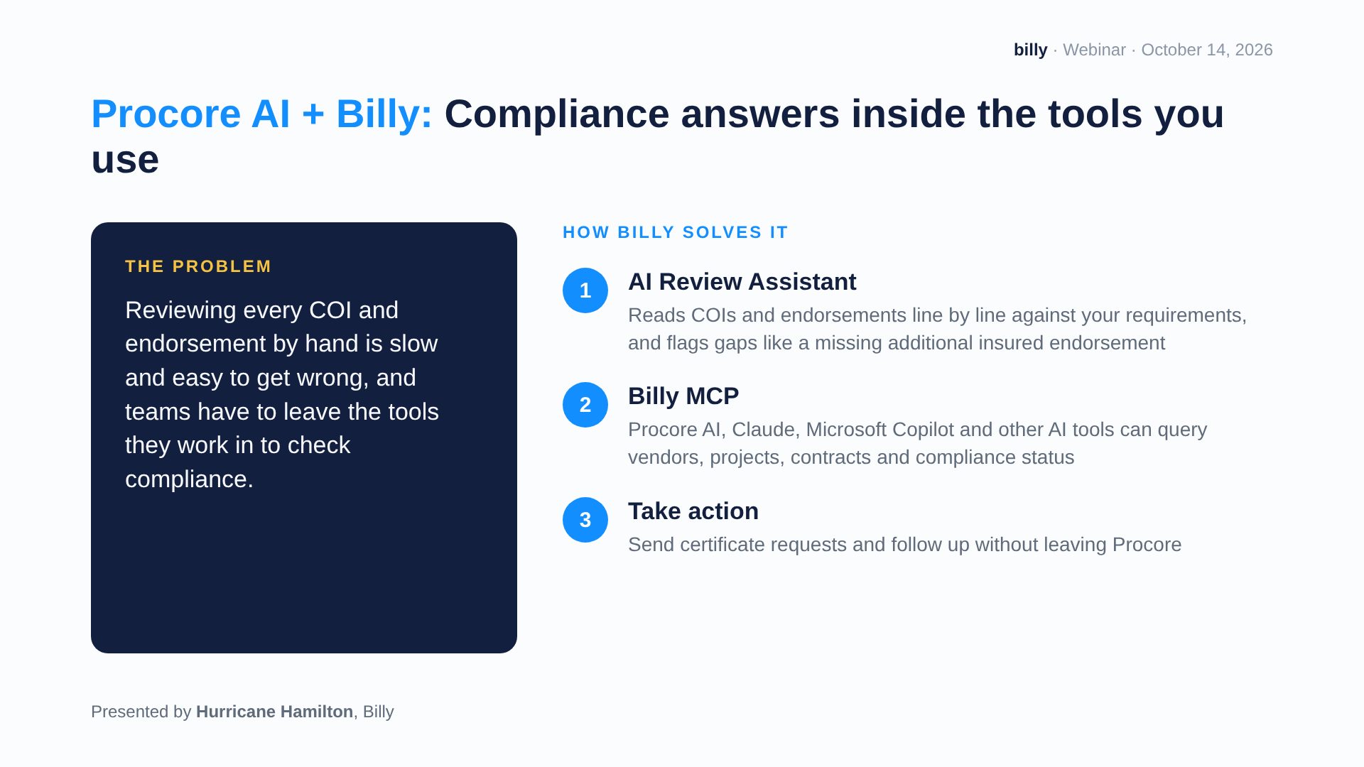 Webinar slide: Procore AI and Billy: AI Review Assistant and Billy MCP for compliance answers inside Procore