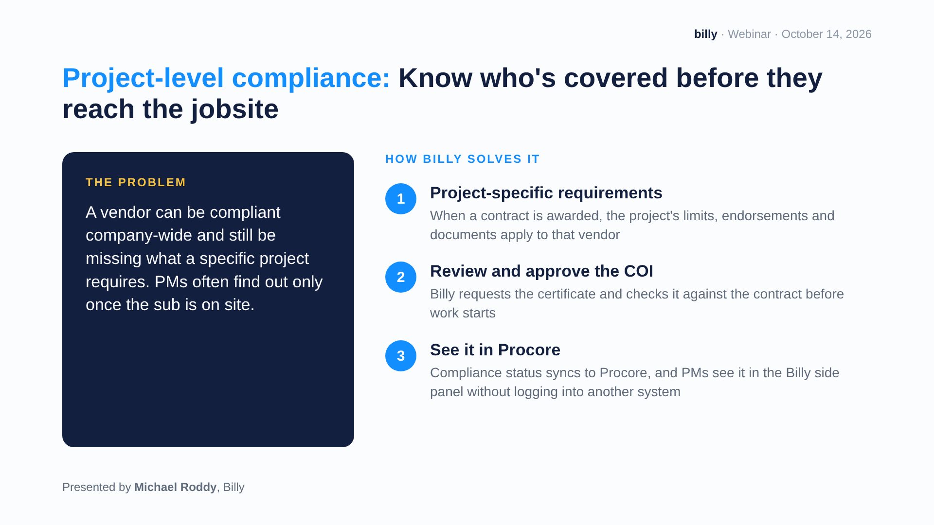 Webinar slide: Procore vendor compliance at the project level: know who is covered before they reach the jobsite