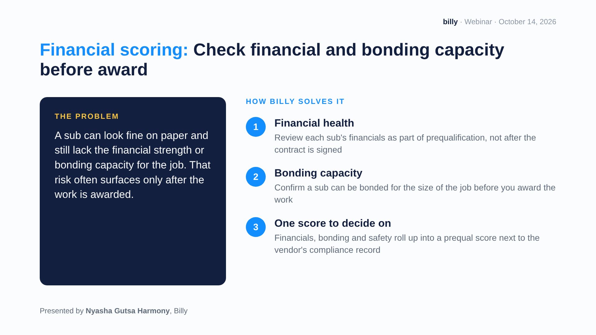 Webinar slide: subcontractor financial scoring and bonding capacity checks before award