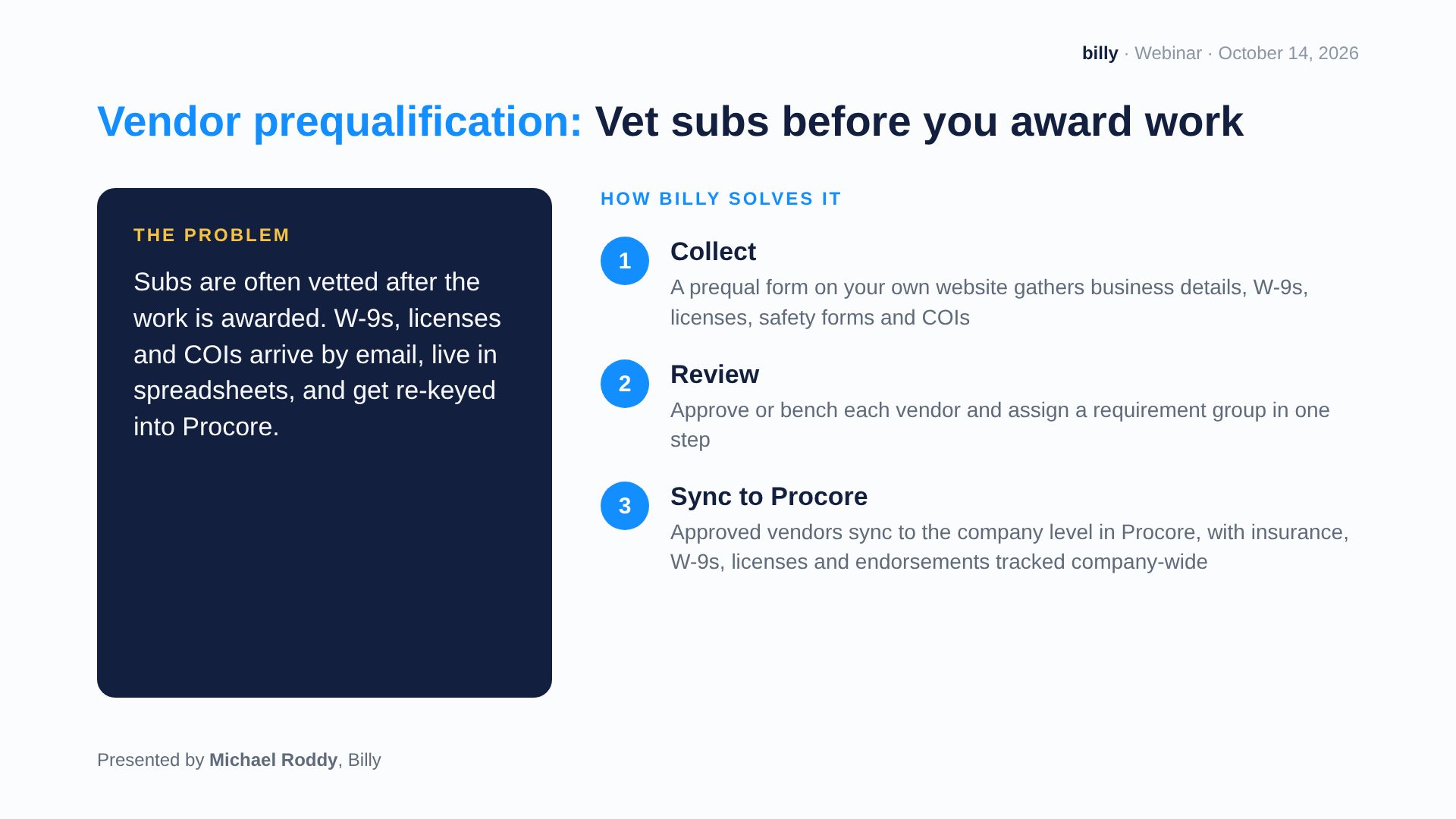 Webinar slide: vendor prequalification in Procore with Billy: collect, review and sync to Procore