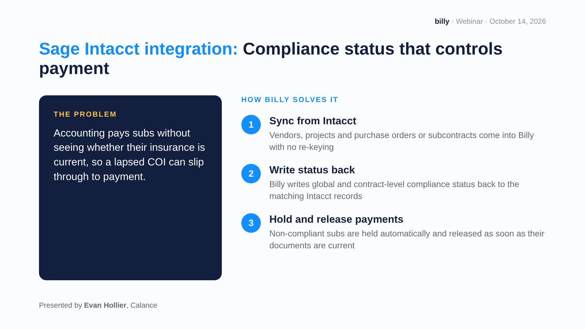 Webinar slide: Sage Intacct integration: compliance status that holds and releases subcontractor payments