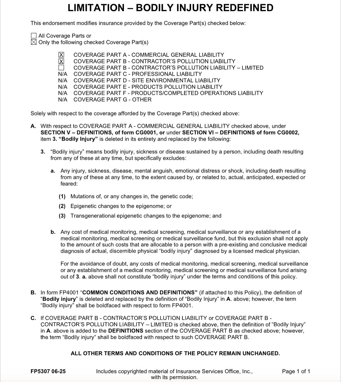 Endorsement FP5307 06-25 Limitation – Bodily Injury Redefined, with Coverage Part A Commercial General Liability and Coverage Part B Contractor's Pollution Liability checked